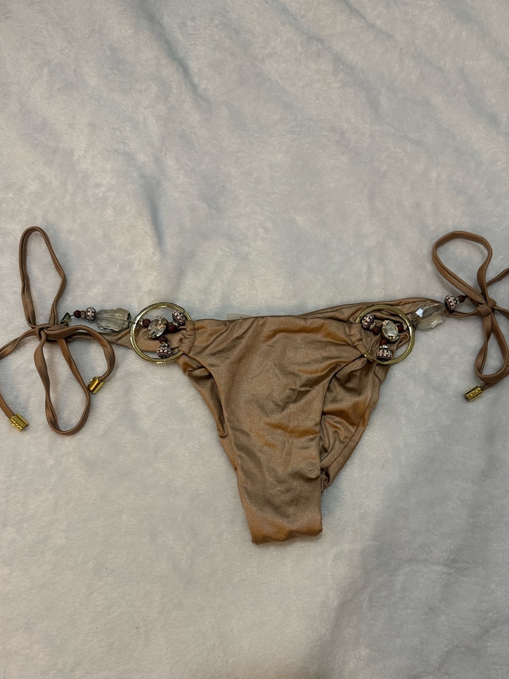 Beach Bunny Metallic Rose Gold Bikini Bottom with Beaded Ring Details